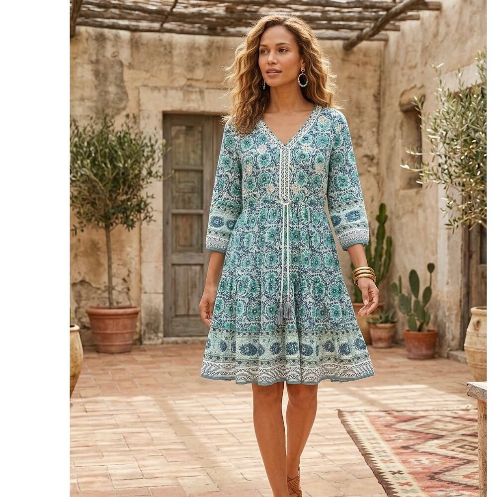 Soft Surroundings Size M Boho Floral Medallion Tunic Dress Tassel Tie Teal Green